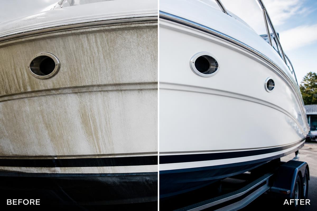 Before and after detailing of a white boat hull
