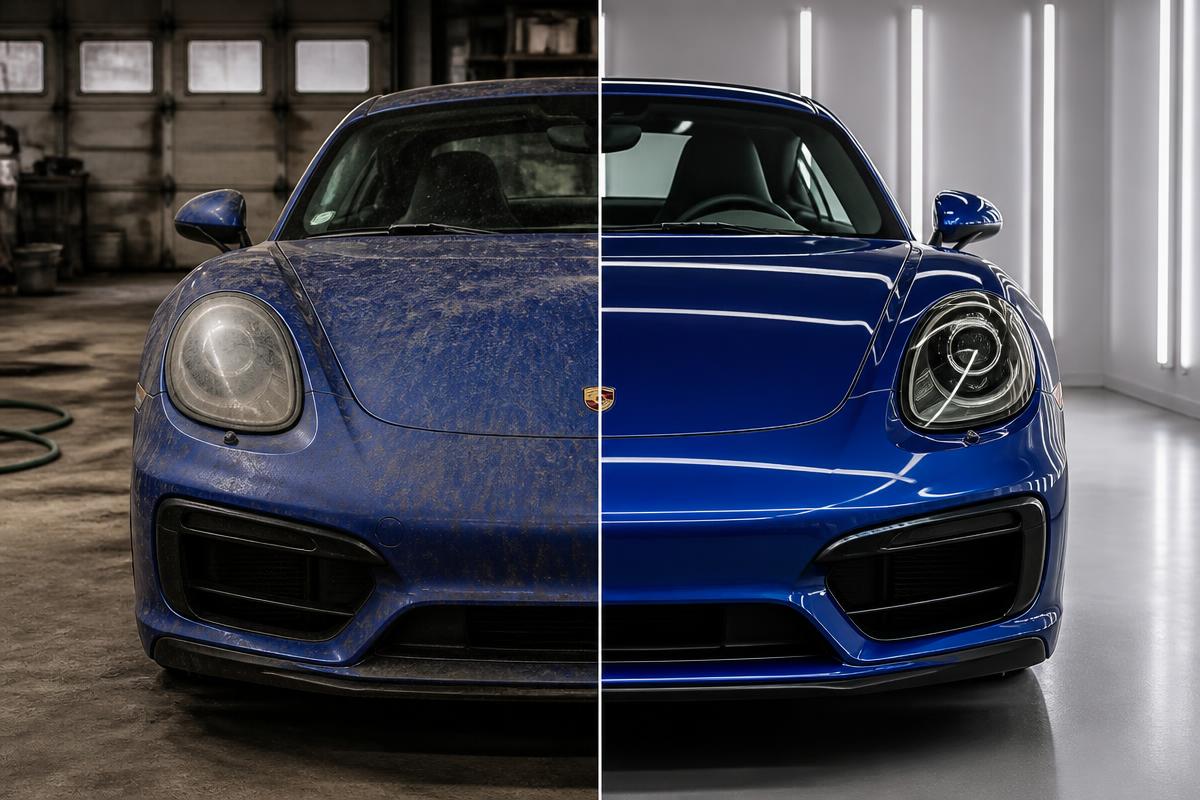 Before and after detailing of a blue sports car