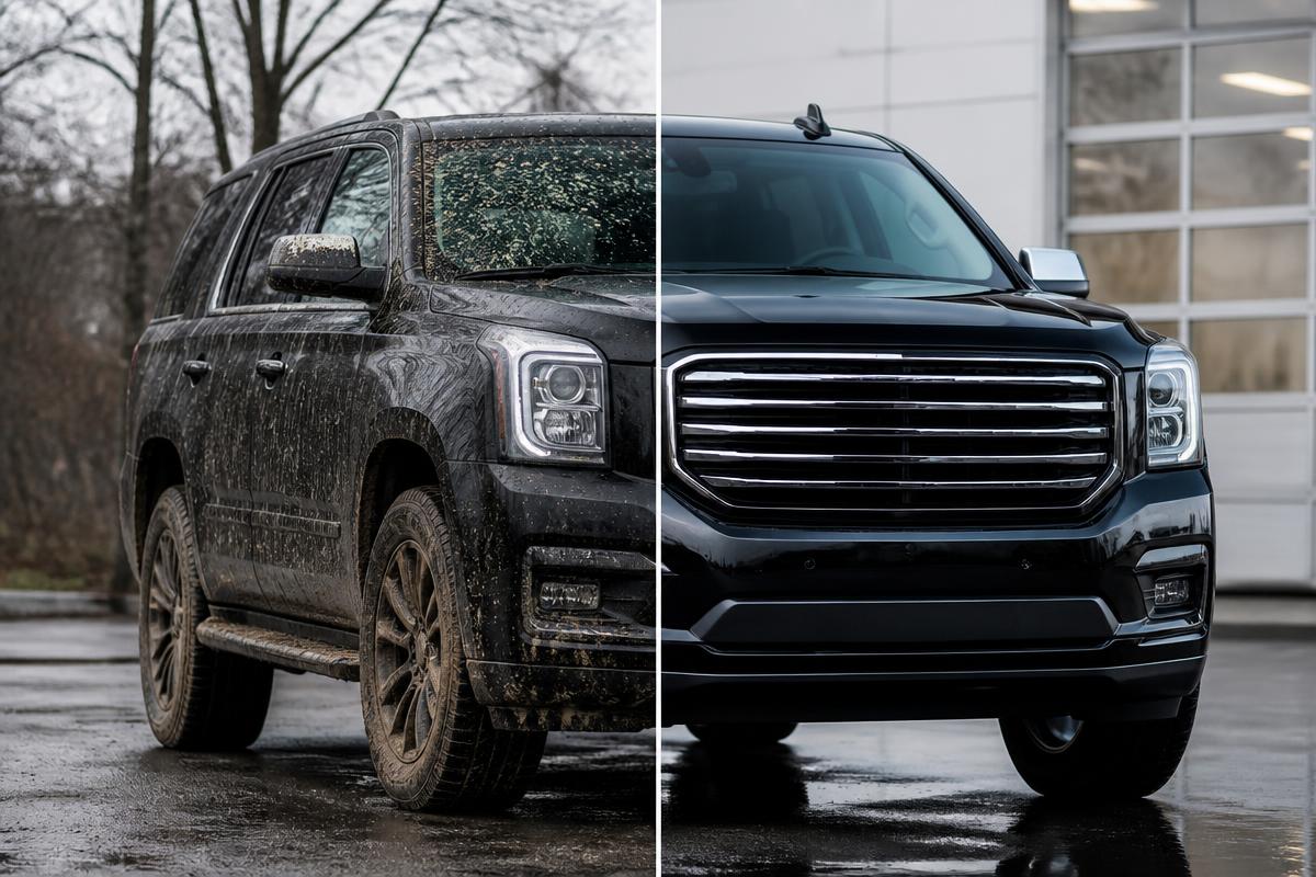 Before and after detailing of a black SUV
