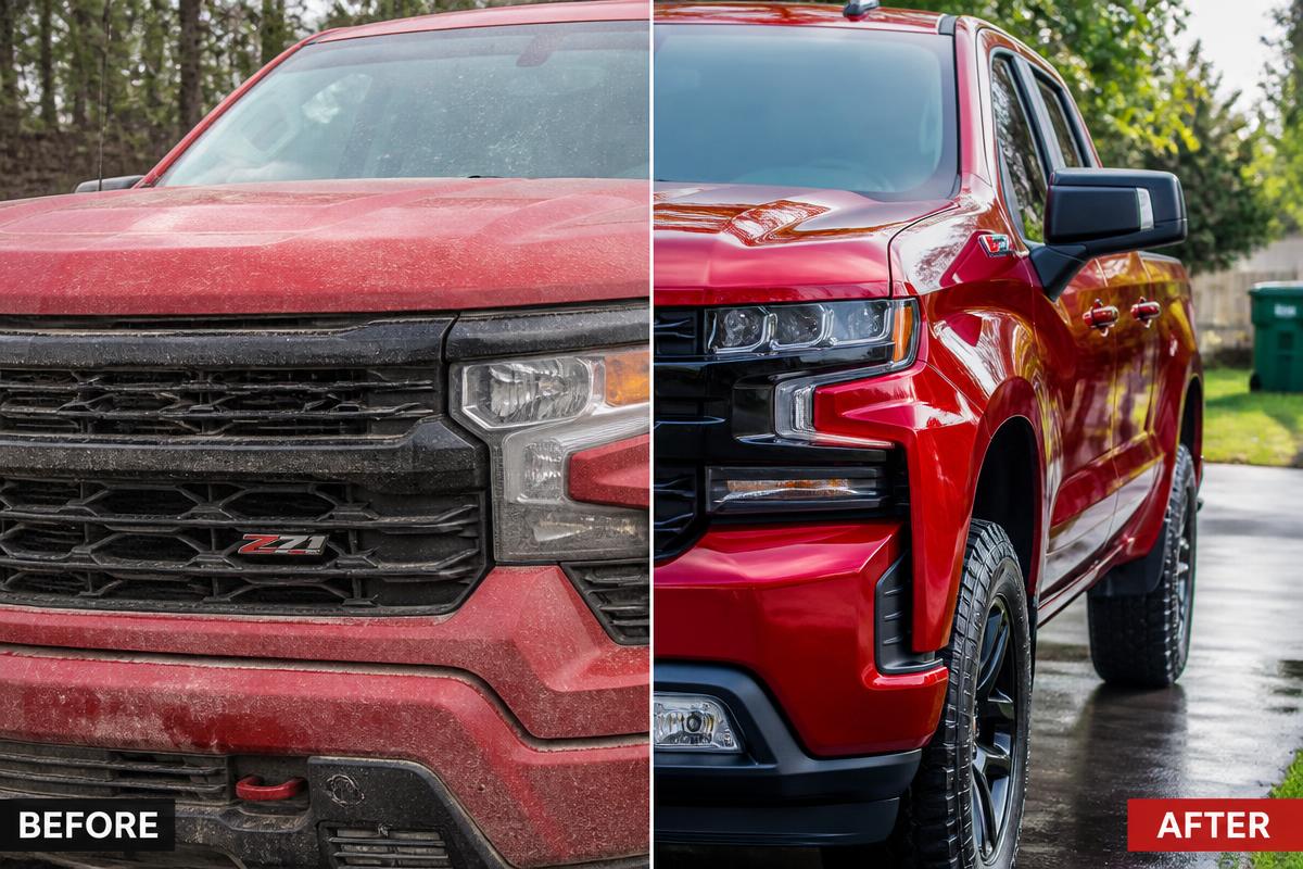 Before and after detailing of a red pickup truck